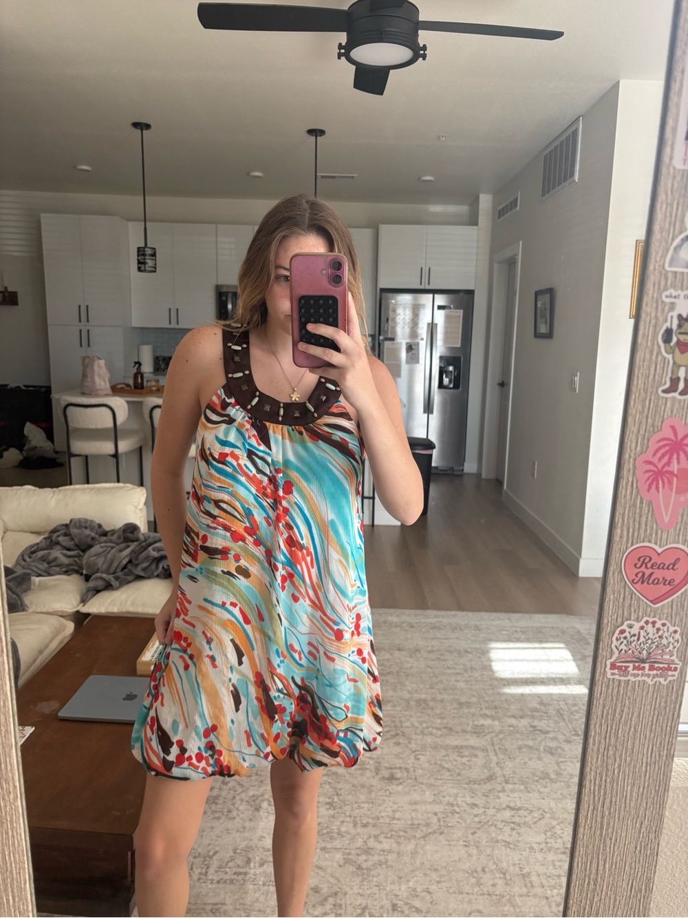Colorful Marble Print Sundress with Studded Neckline